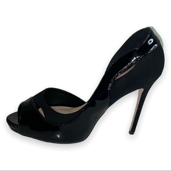 SS Signature by Sangria Black Faux Patent Leather Faux Suede Peep Toe Stilettos - Picture 7 of 14